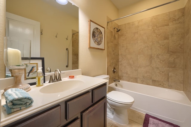 bathroom with bathing tub / shower combination, vanity, toilet, and tile patterned floors