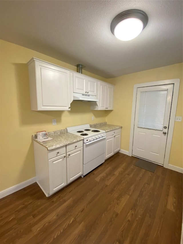 kitchen featuring white electric stove, dark hardwood / wood-style floors, and white cabinets