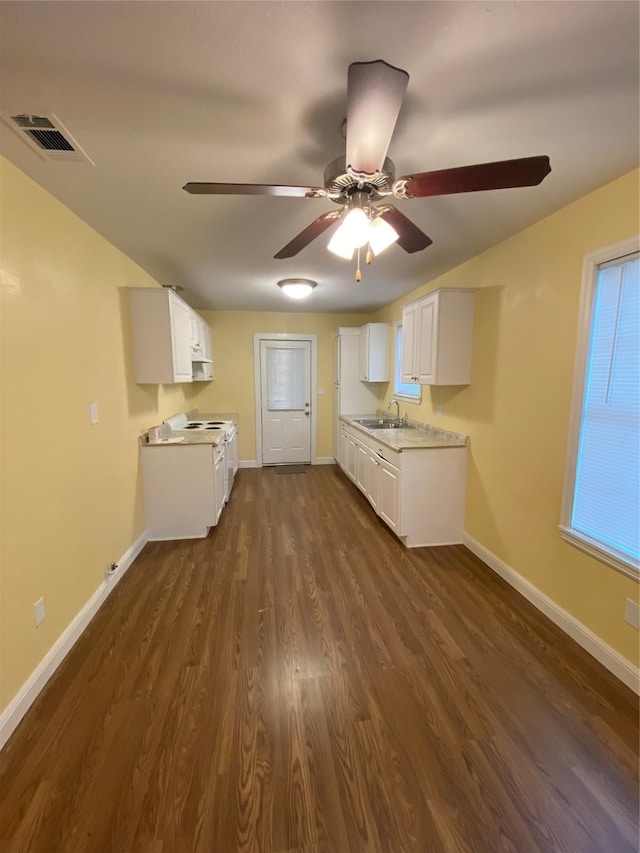 kitchen with ceiling fan, dark hardwood / wood-style flooring, sink, and white cabinets