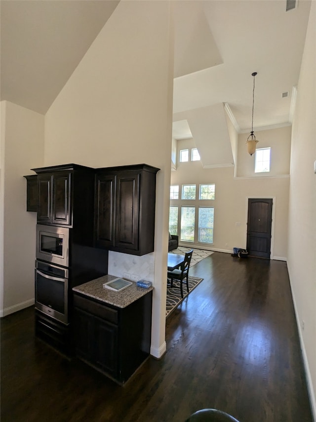 kitchen with pendant lighting, high vaulted ceiling, ornamental molding, dark hardwood / wood-style floors, and appliances with stainless steel finishes