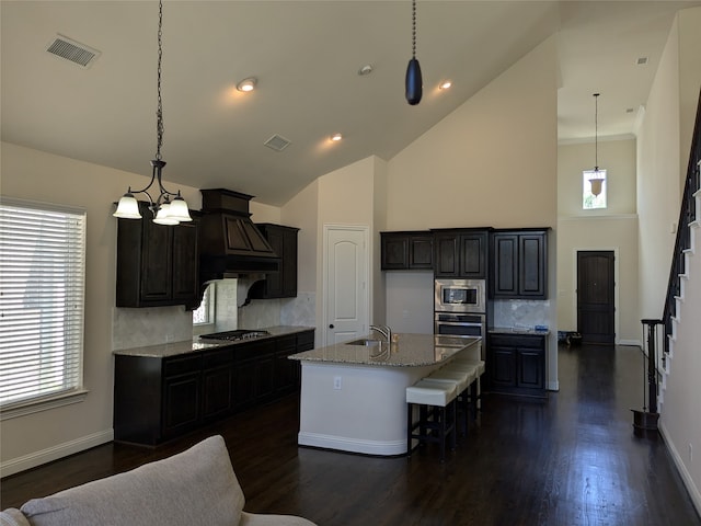 kitchen with an island with sink, custom exhaust hood, high vaulted ceiling, and tasteful backsplash