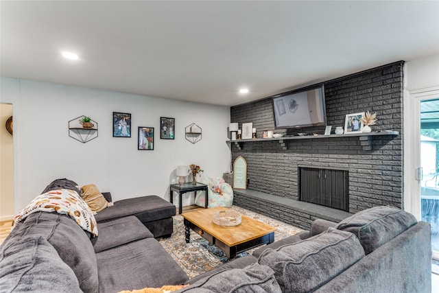 living room featuring a fireplace