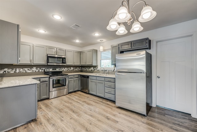 kitchen featuring a chandelier, appliances with stainless steel finishes, hanging light fixtures, and sink