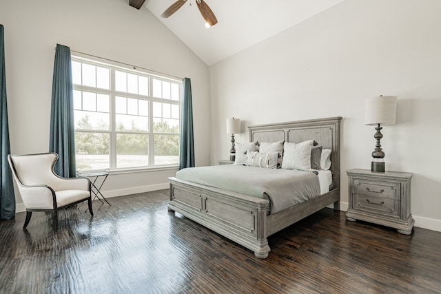 bedroom featuring dark wood-type flooring, ceiling fan, and high vaulted ceiling