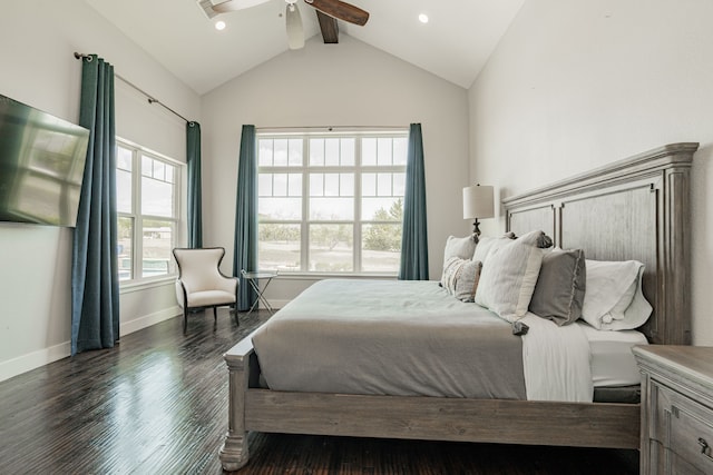 bedroom with ceiling fan, beamed ceiling, high vaulted ceiling, and dark hardwood / wood-style flooring