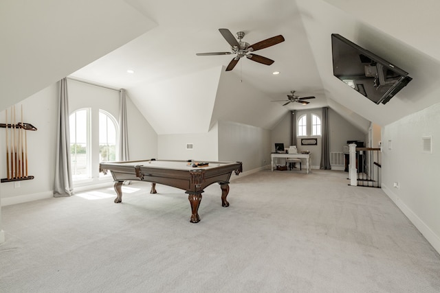 game room with lofted ceiling, ceiling fan, pool table, and light carpet