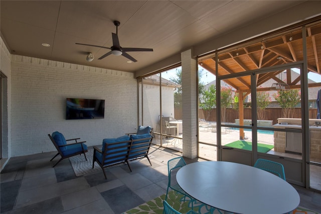 3203 Prancer Way, Celina, TX 75009 - view of patio / terrace featuring ceiling fan, fence, outdoor dining area, and a fenced in pool