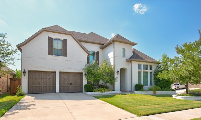 view of front of house with a front yard and a garage