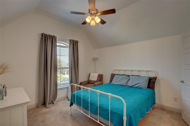 3203 Prancer Way, Celina, TX 75009 - bedroom with light colored carpet, baseboards, vaulted ceiling, and a ceiling fan