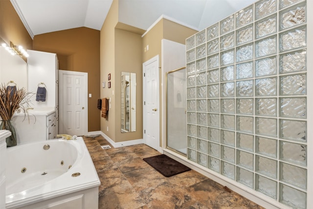 bathroom with lofted ceiling, vanity, separate shower and tub, and ornamental molding