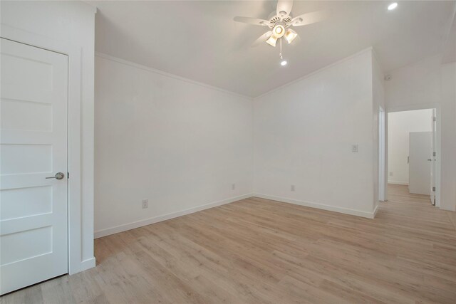 interior space featuring crown molding, ceiling fan, and light wood-type flooring