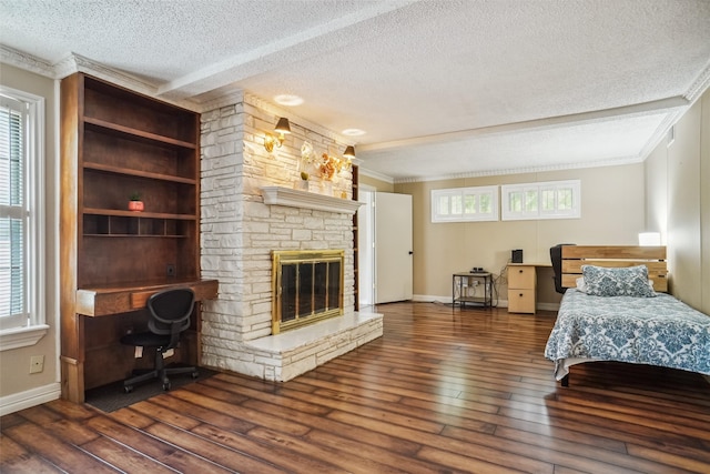 bedroom featuring multiple windows, dark hardwood / wood-style flooring, and crown molding