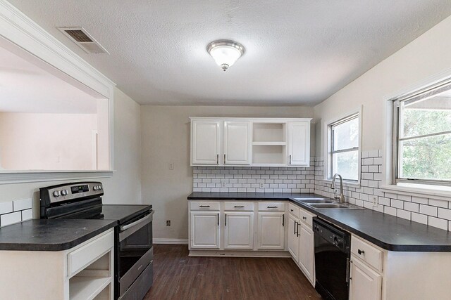 kitchen featuring dishwasher, dark wood-type flooring, sink, electric stove, and white cabinets