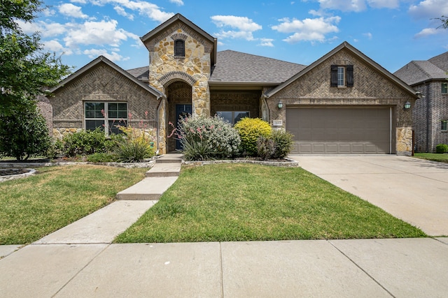 view of front of home with a garage and a front lawn