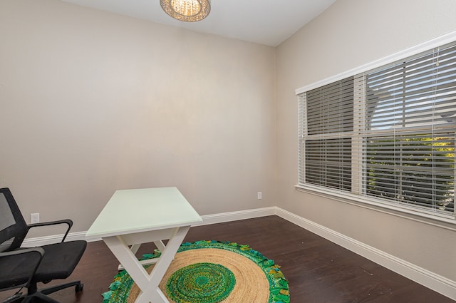 office with dark hardwood / wood-style flooring