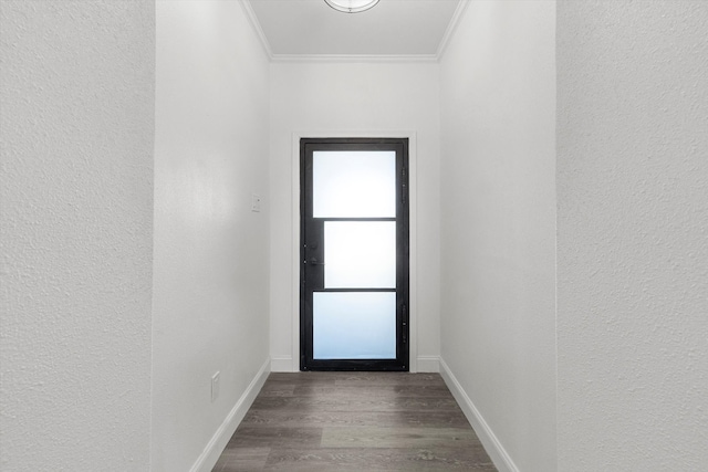 doorway featuring dark hardwood / wood-style floors and ornamental molding