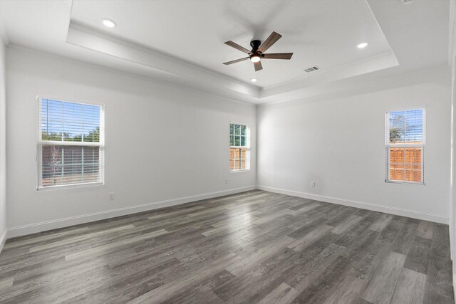 spare room with a raised ceiling, ceiling fan, dark hardwood / wood-style flooring, and ornamental molding