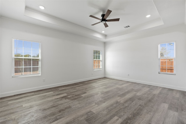 unfurnished room with plenty of natural light, ceiling fan, wood-type flooring, and a tray ceiling