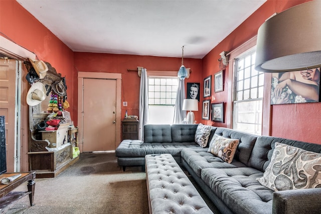 carpeted living room featuring plenty of natural light