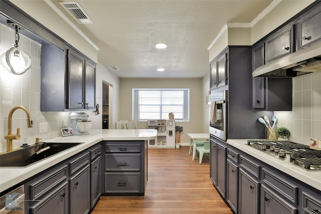 kitchen featuring light wood-type flooring, appliances with stainless steel finishes, sink, kitchen peninsula, and tasteful backsplash