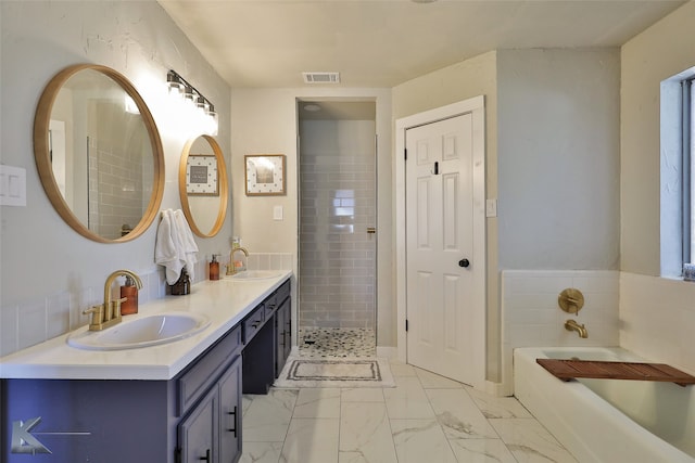 bathroom with vanity and plus walk in shower