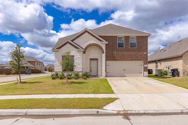 view of front of house featuring central AC, a garage, and a front lawn