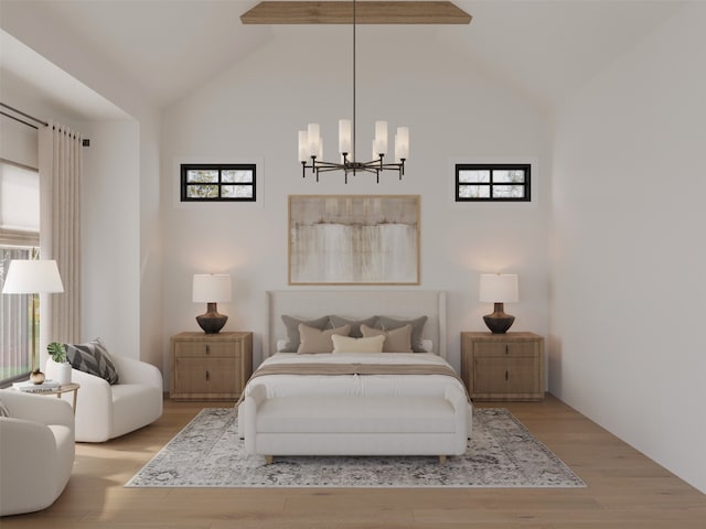 bedroom with light wood-type flooring, high vaulted ceiling, and an inviting chandelier