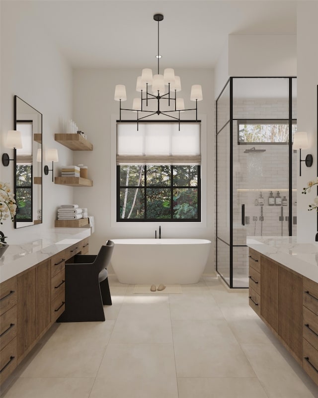 bathroom with tile patterned flooring, vanity, a healthy amount of sunlight, and shower with separate bathtub