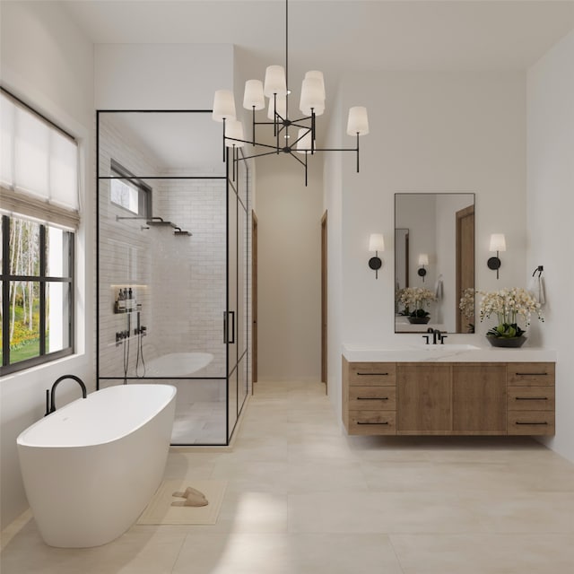 bathroom with vanity, separate shower and tub, and tile patterned floors