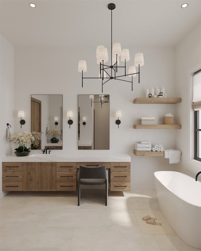 bathroom featuring tile patterned flooring, vanity, and a bath