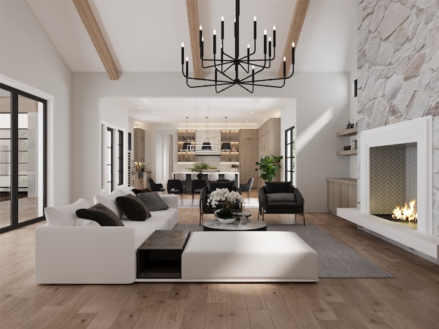 living room with high vaulted ceiling, wood-type flooring, beam ceiling, and a large fireplace