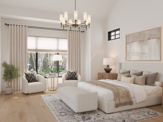 bedroom featuring high vaulted ceiling, multiple windows, a chandelier, and light hardwood / wood-style floors