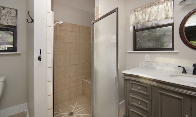 bathroom with an enclosed shower, vanity, and toilet