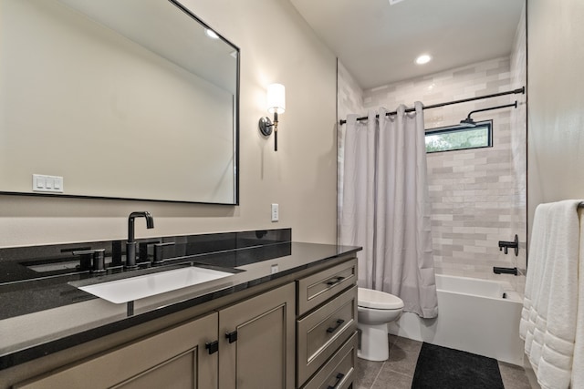 full bathroom with toilet, shower / bath combination with curtain, vanity, and tile patterned floors