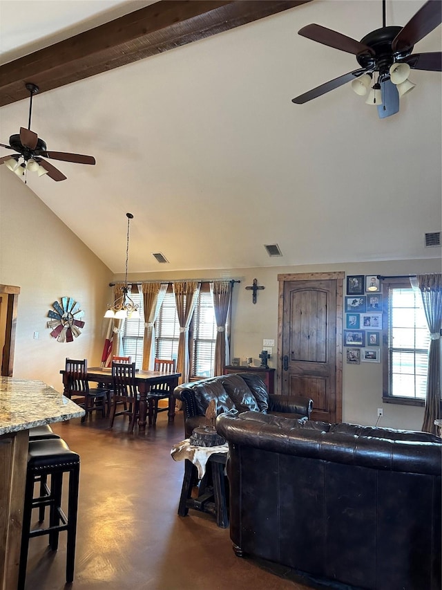 living room featuring beamed ceiling, high vaulted ceiling, and ceiling fan