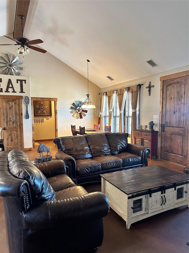 living room with ceiling fan and lofted ceiling