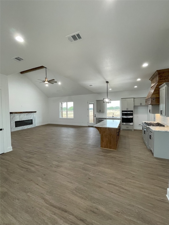 1428 Dixie Estates Way, Whitesboro, TX 76273 - kitchen featuring stainless steel appliances, gray cabinets, open floor plan, recessed lighting, and a ceiling fan