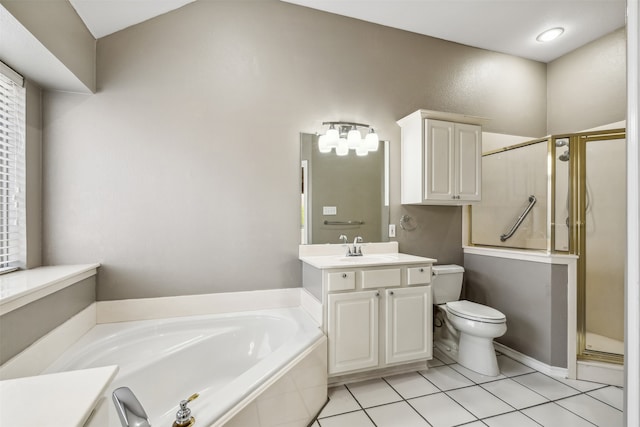 full bathroom with vanity, independent shower and bath, toilet, and tile patterned flooring