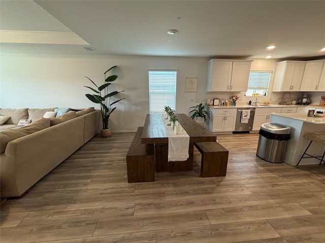 kitchen featuring dishwasher, white cabinetry, and plenty of natural light