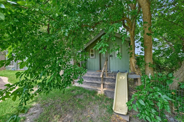 exterior space with an outbuilding