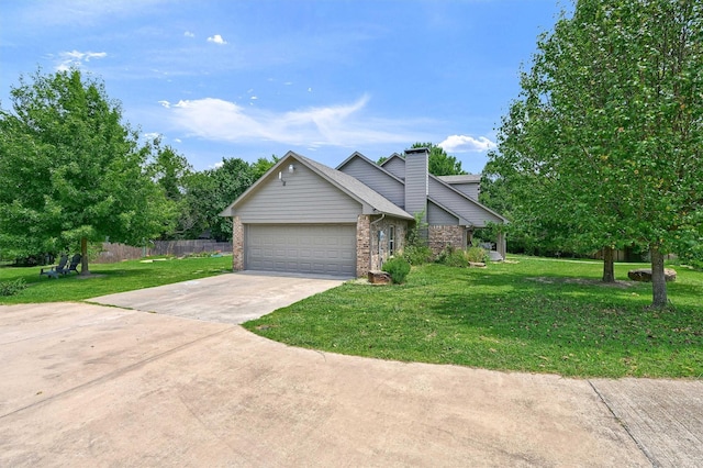 view of front of home featuring an attached garage, brick siding, concrete driveway, and a front yard