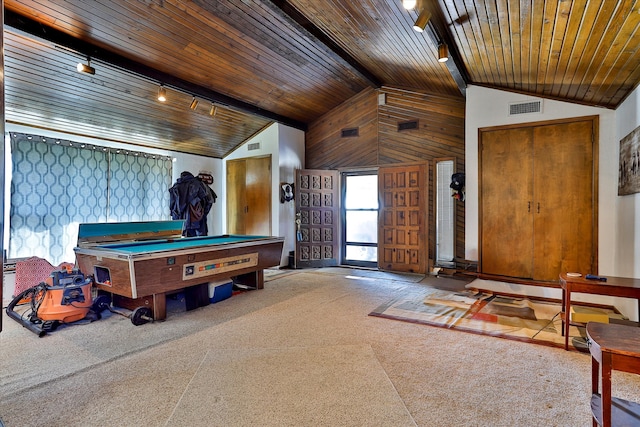 playroom featuring high vaulted ceiling, track lighting, wooden ceiling, and carpet flooring