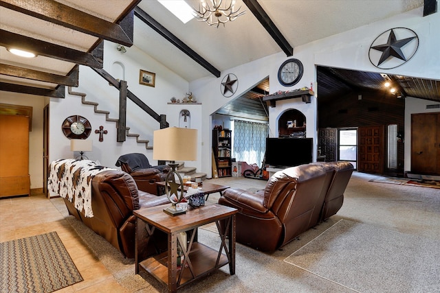 tiled living room with a textured ceiling, beam ceiling, a chandelier, and high vaulted ceiling