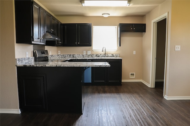 kitchen featuring light stone counters, sink, black dishwasher, electric stove, and dark wood-type flooring