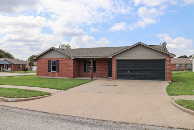 ranch-style home featuring a front yard and a garage