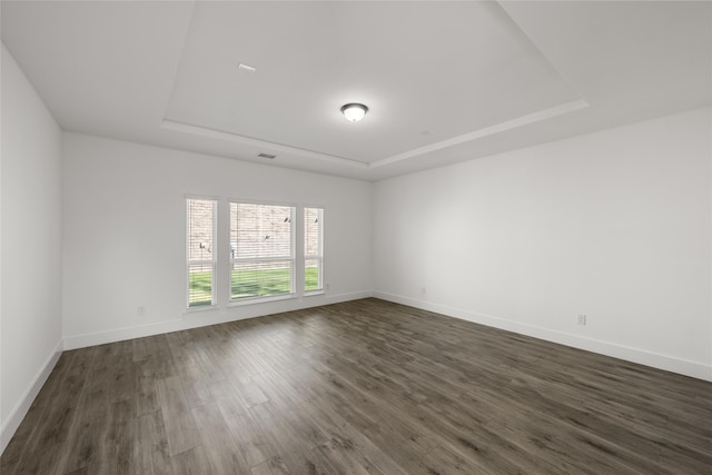 unfurnished room with a raised ceiling and dark hardwood / wood-style flooring