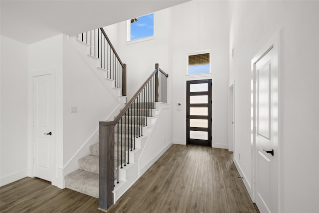 foyer with a towering ceiling and dark hardwood / wood-style floors