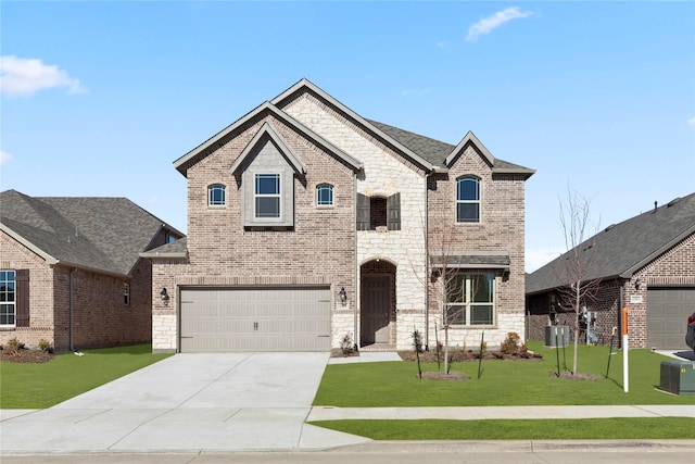 french country style house with a garage and a front lawn