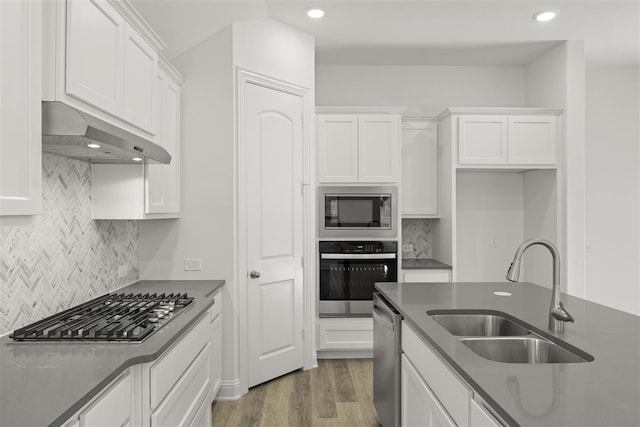 kitchen with appliances with stainless steel finishes, white cabinetry, range hood, and sink