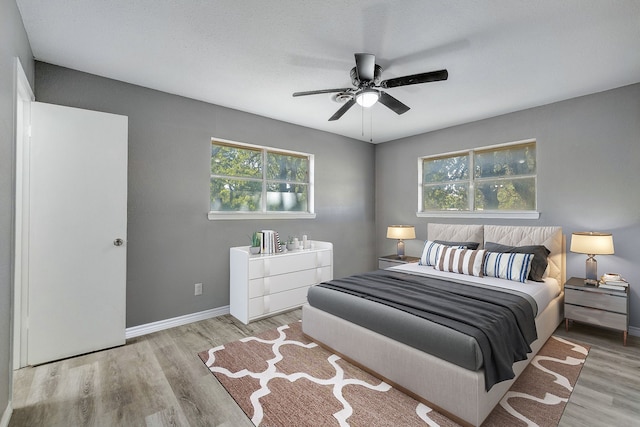 bedroom featuring ceiling fan and light hardwood / wood-style flooring